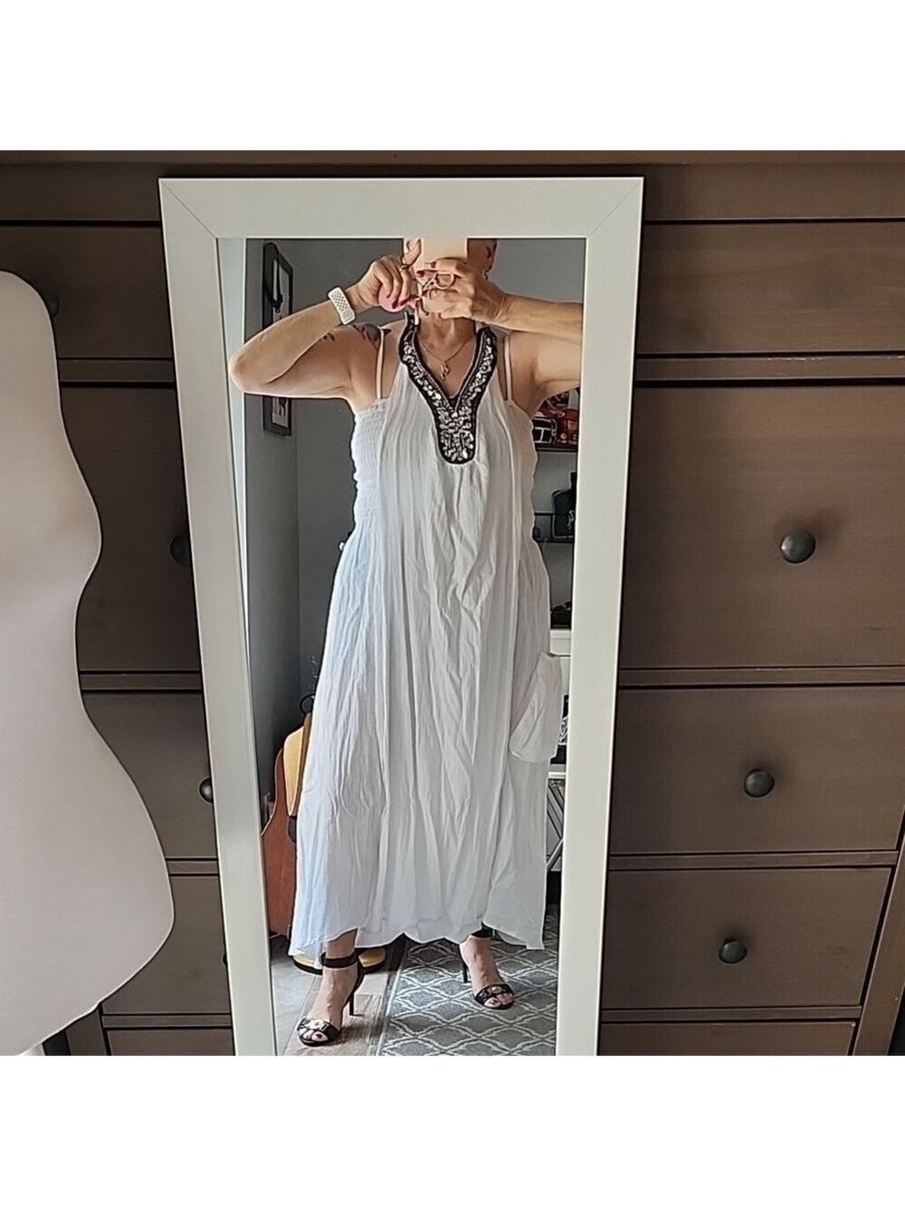 White Harem Dress , Stone Embelished Neckline